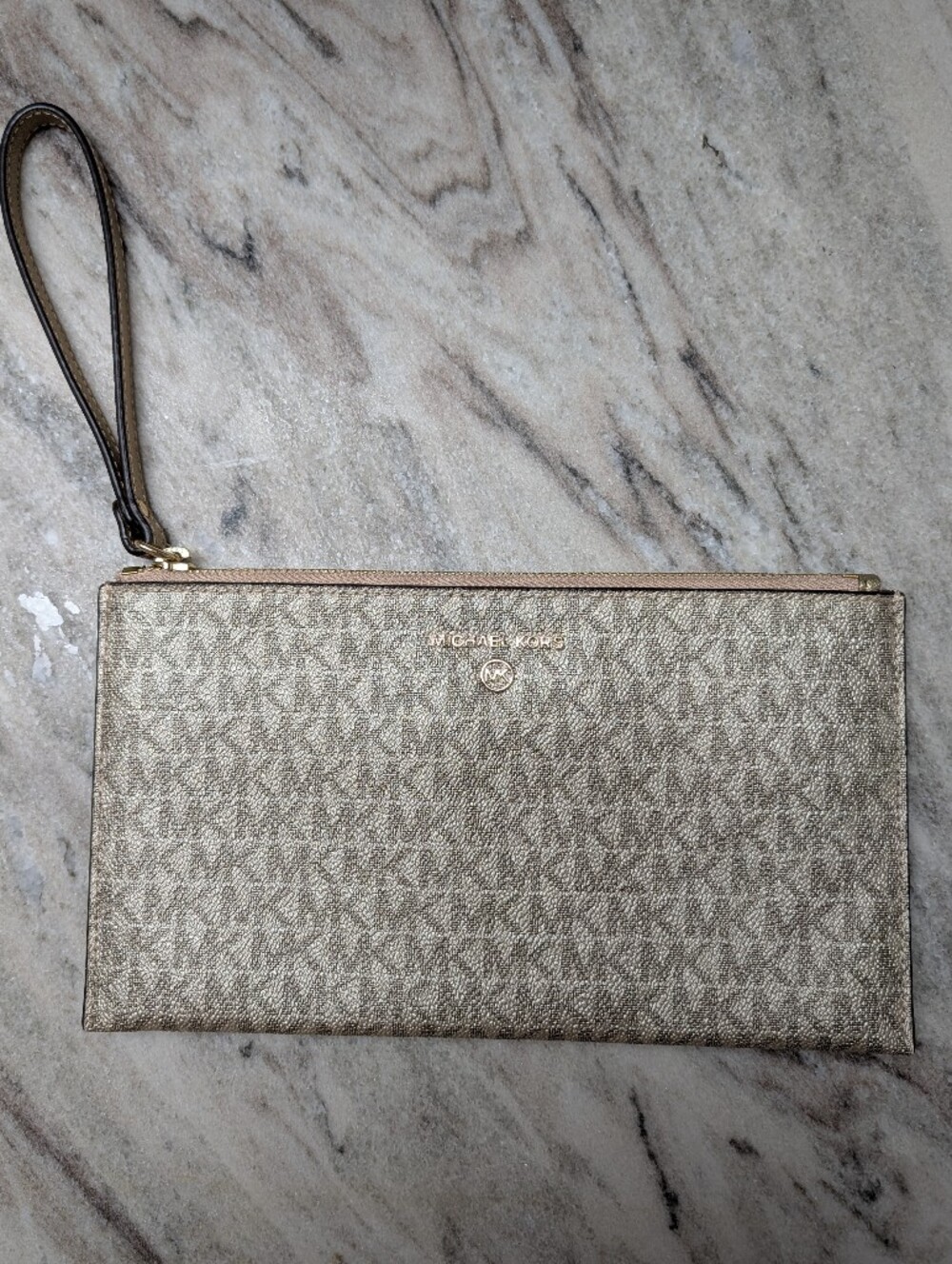Michael Kors Metallic Gold Signature Logo Wristlet Pouch Clutch Bag
